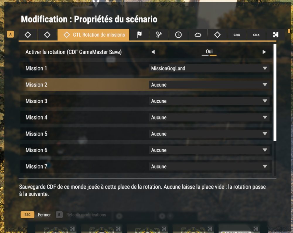 L'onglet GTL Rotation de missions des propriétés du scénario